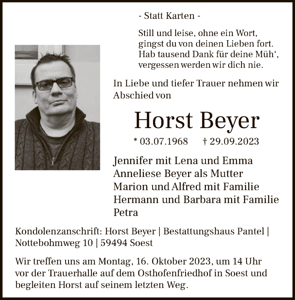  Traueranzeige für Horst Beyer vom 07.10.2023 aus WA