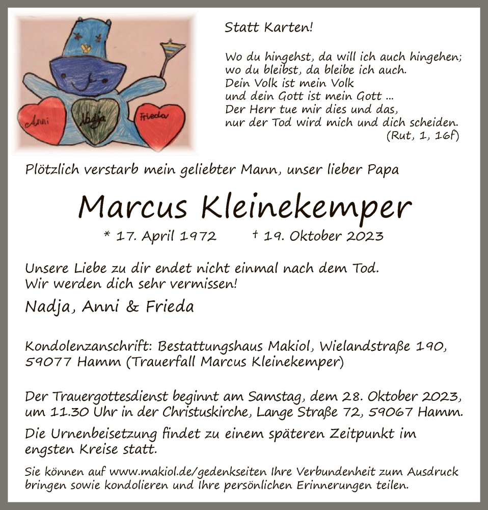  Traueranzeige für Marcus Kleinekemper vom 25.10.2023 aus WA