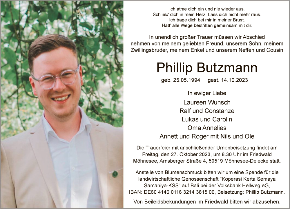  Traueranzeige für Phillip Butzmann vom 21.10.2023 aus WA