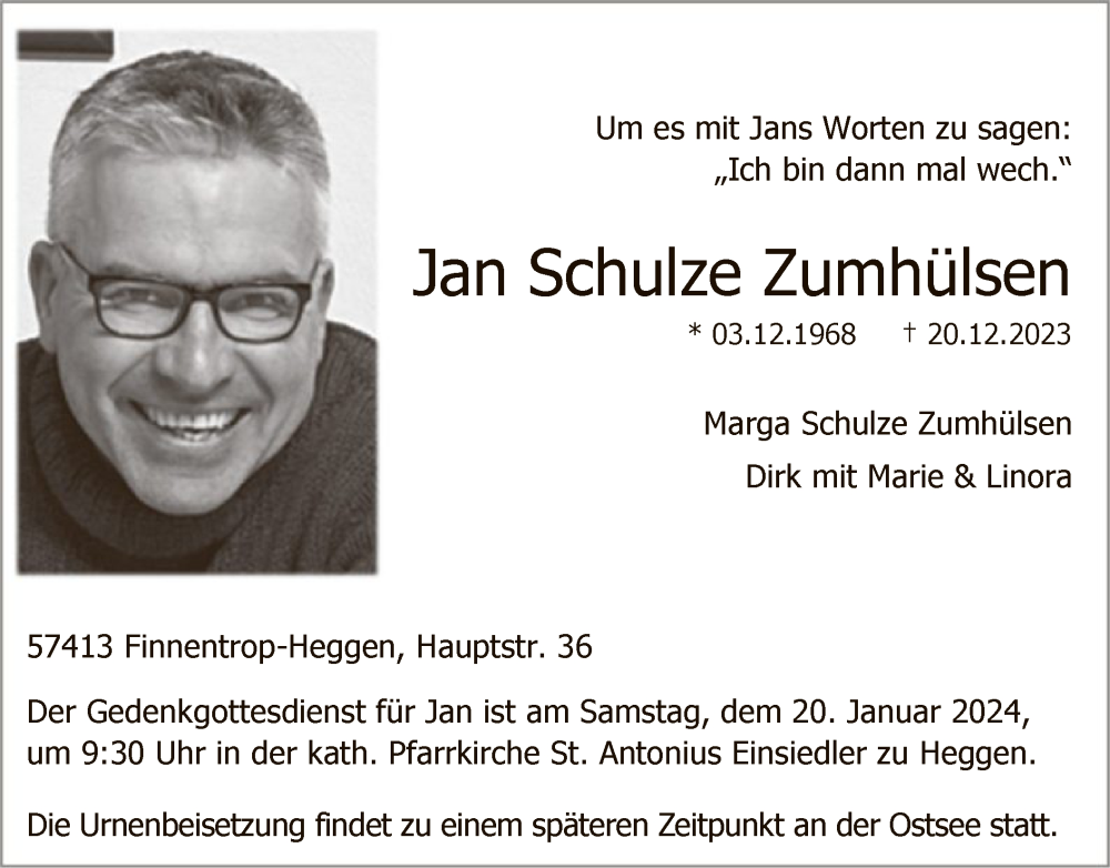  Traueranzeige für Jan Schulze Zumhülsen vom 30.12.2023 aus WA