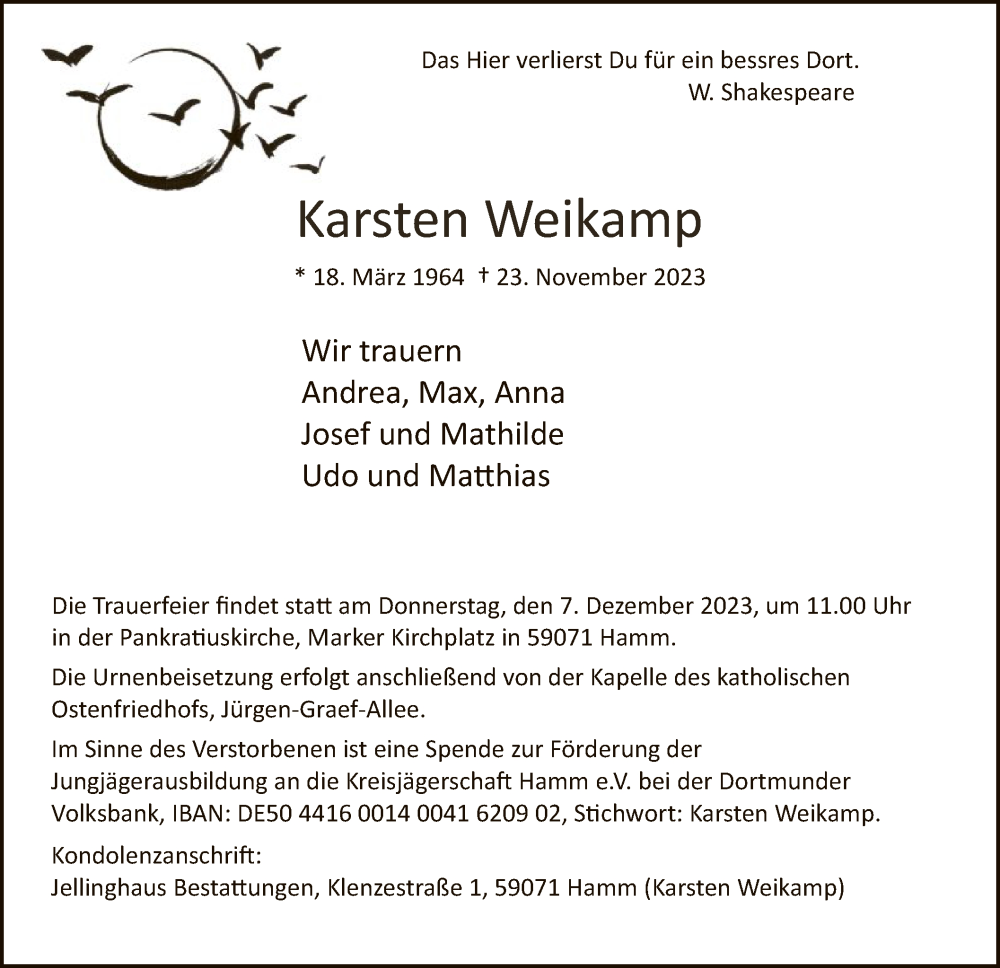  Traueranzeige für Karsten Weikamp vom 02.12.2023 aus WA