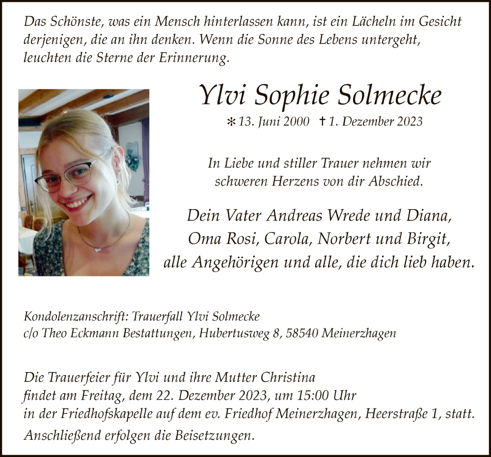  Traueranzeige für Ylvi Sophie Solmecke vom 19.12.2023 aus WA