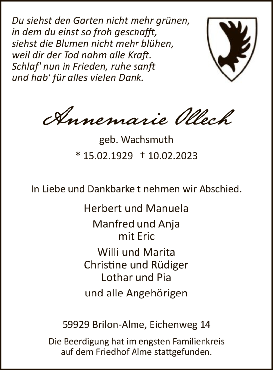 Traueranzeige von Annemarie Ollech von WA
