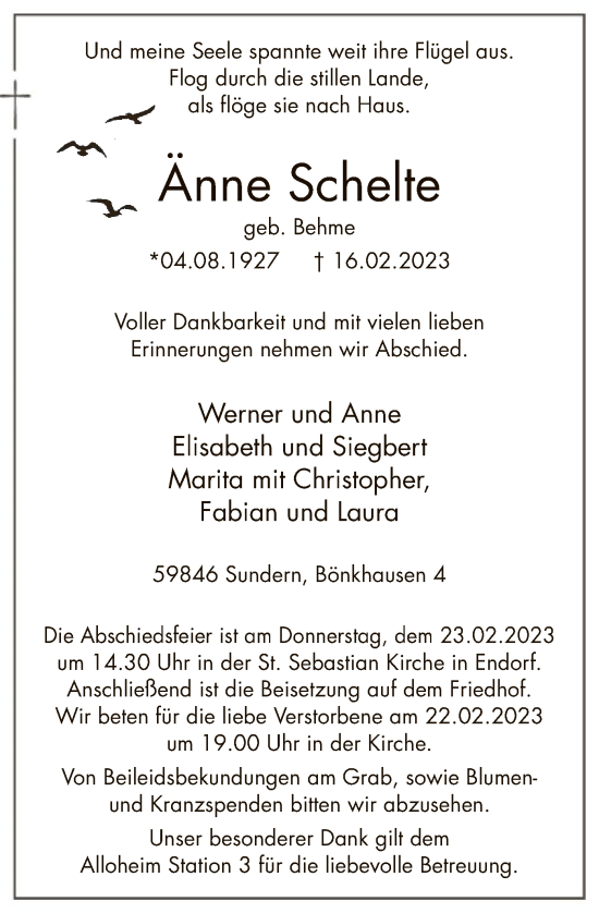 Traueranzeige von Änne Schelte von WA