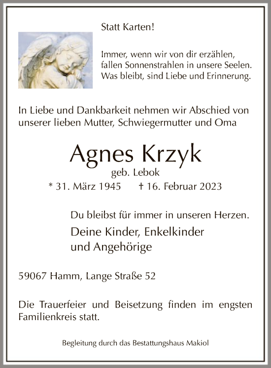 Traueranzeige von Agnes Krzyk von WA