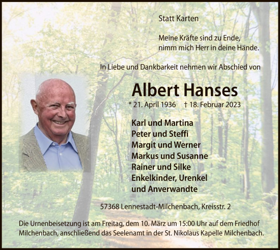 Traueranzeige von Albert Hanses von WA