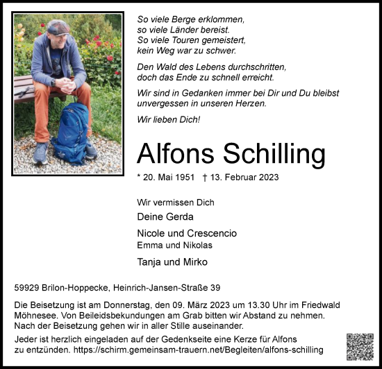 Traueranzeige von Alfons Schilling von WA