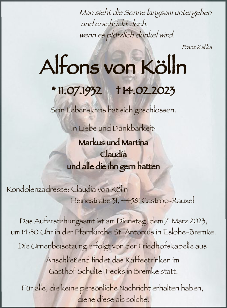  Traueranzeige für Alfons von Kölln vom 25.02.2023 aus WA