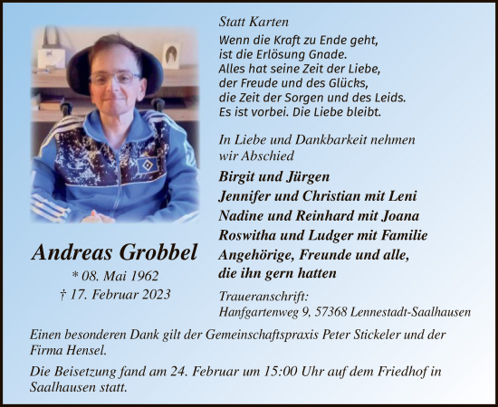 Traueranzeige von Andreas Grobbel von WA