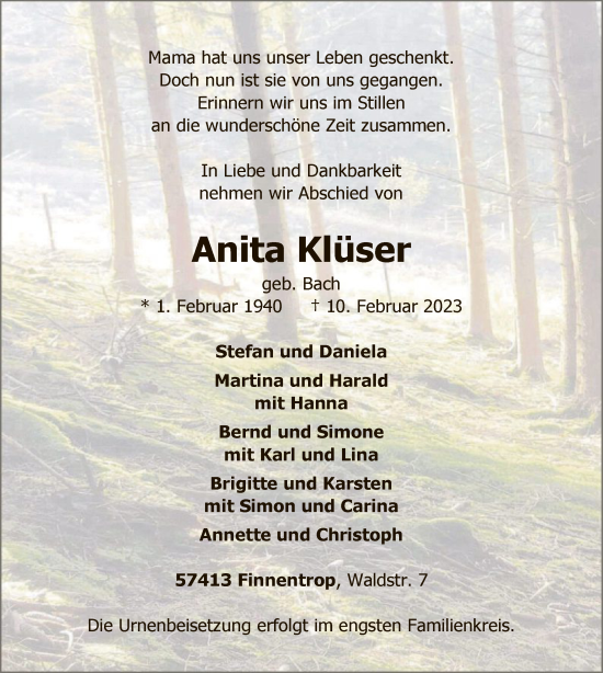 Traueranzeige von Anita Klüser von WA