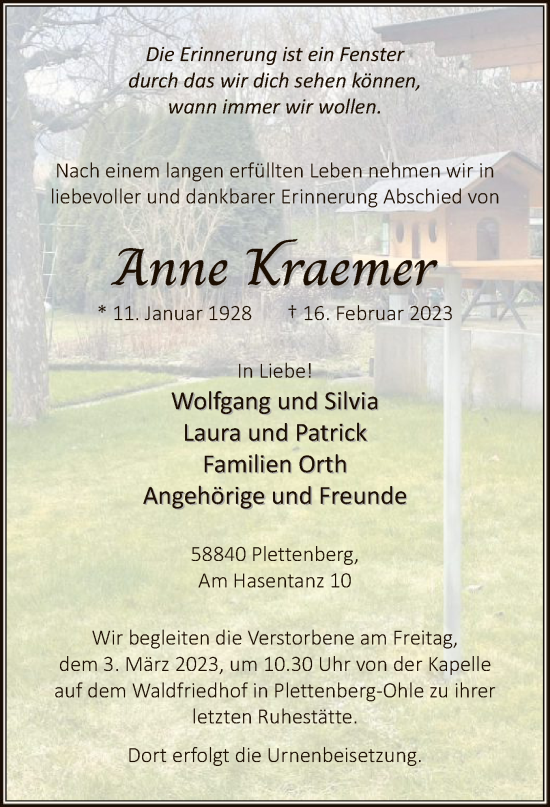 Traueranzeige von Anne Kraemer von WA