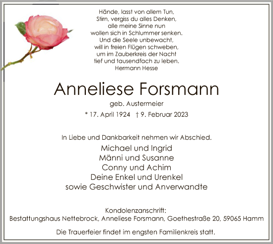 Traueranzeige von Anneliese Forsmann von WA