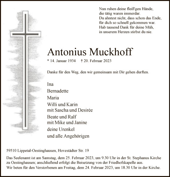 Traueranzeige von Antonius Muckhoff von WA