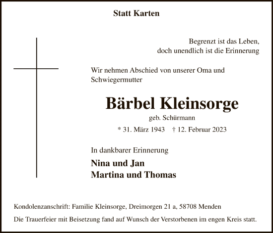 Traueranzeige von Bärbel Kleinsorge von WA