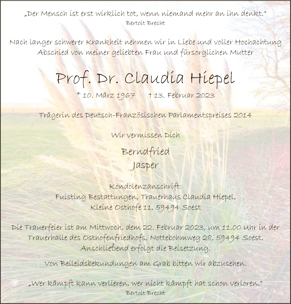  Traueranzeige für Claudia Hiepel vom 18.02.2023 aus WA