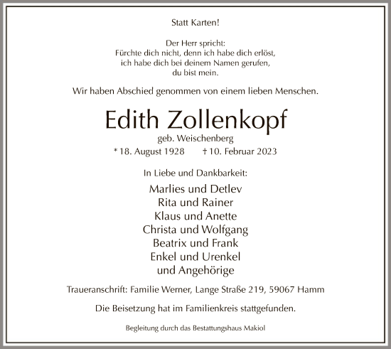 Traueranzeige von Edith Zollenkopf von WA