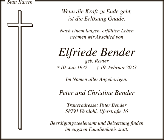 Traueranzeige von Elfriede Bender von WA