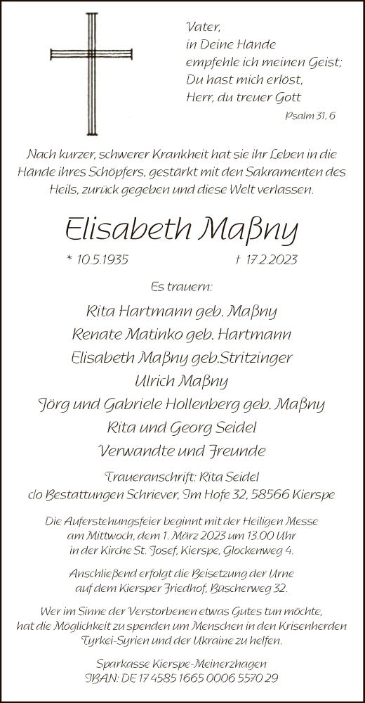 Traueranzeige von Elisabeth Maßny von WA