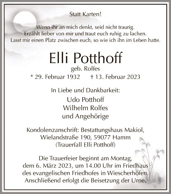 Traueranzeige von Elli Potthoff von WA