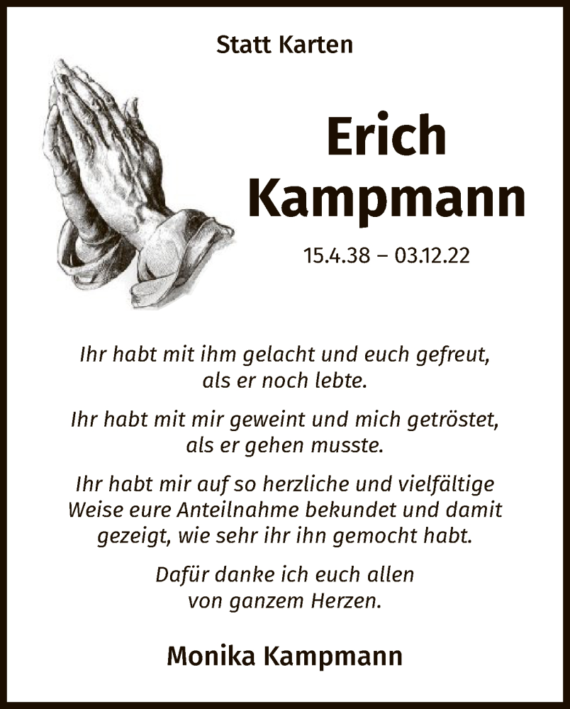  Traueranzeige für Erich Kampmann vom 25.02.2023 aus WA
