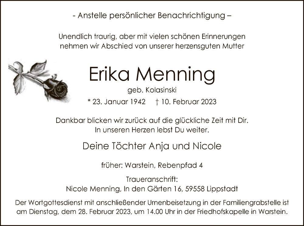  Traueranzeige für Erika Menning vom 21.02.2023 aus WA