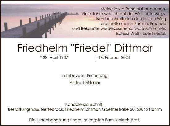 Traueranzeige von Friedhelm Dittmar von WA