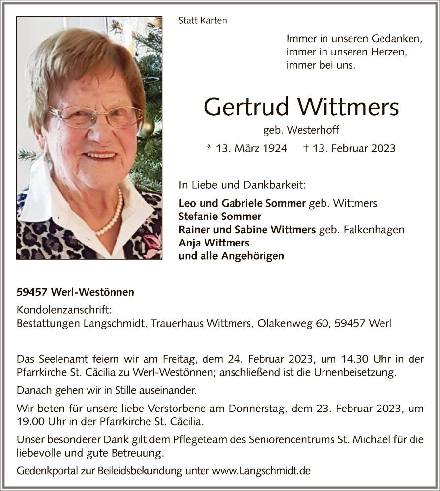  Traueranzeige für Gertrud Wittmers vom 18.02.2023 aus WA
