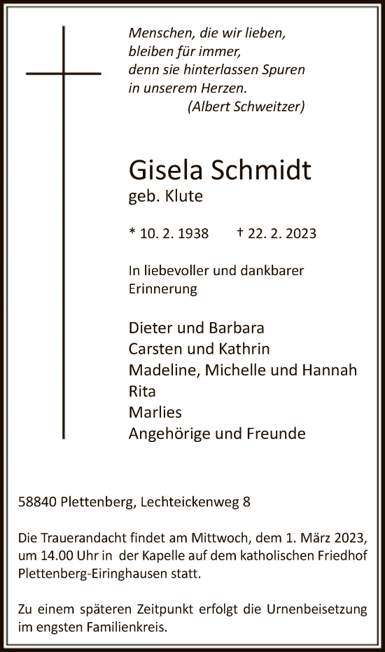 Traueranzeige von Gisela Schmidt von WA
