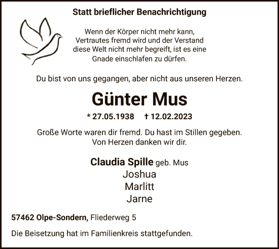 Traueranzeige von Günter Mus von WA