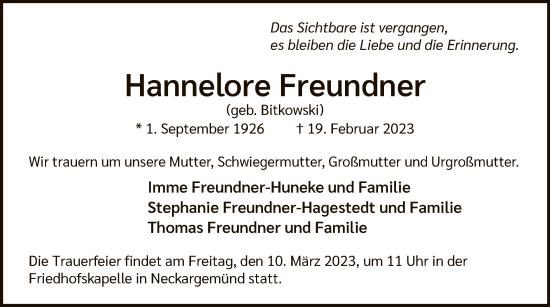 Traueranzeige von Hannelore Freundner von WA