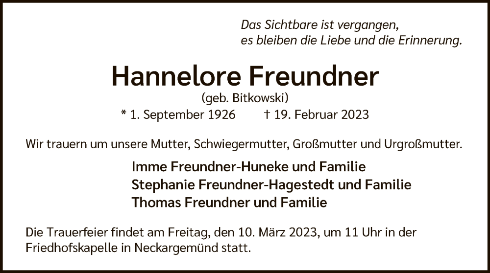  Traueranzeige für Hannelore Freundner vom 25.02.2023 aus WA