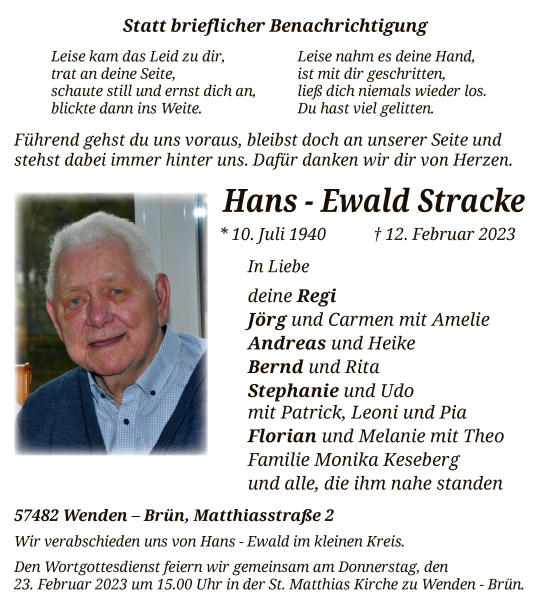 Traueranzeige von Hans-Ewald Stracke von WA