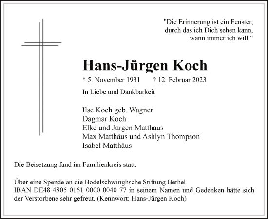 Traueranzeige von Hans-Jürgen Koch von WA