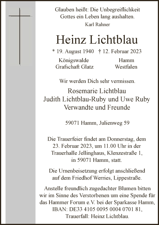 Traueranzeige von Heinz Lichtblau von WA