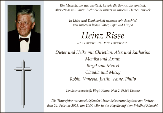 Traueranzeige von Heinz Risse von WA