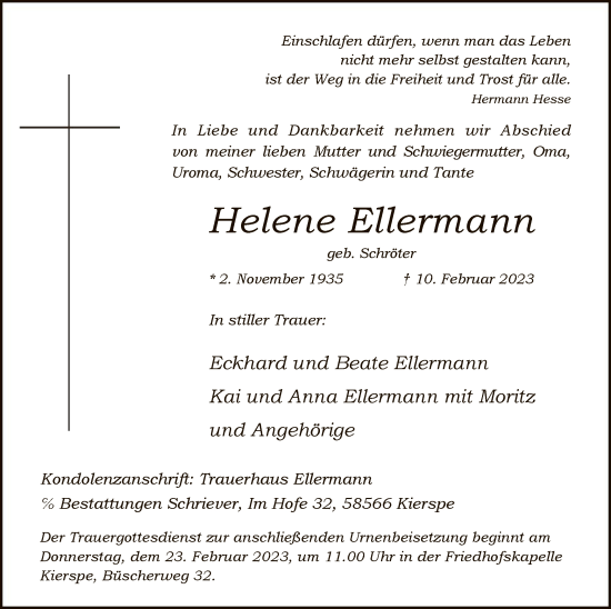 Traueranzeige von Helene Ellermann von WA
