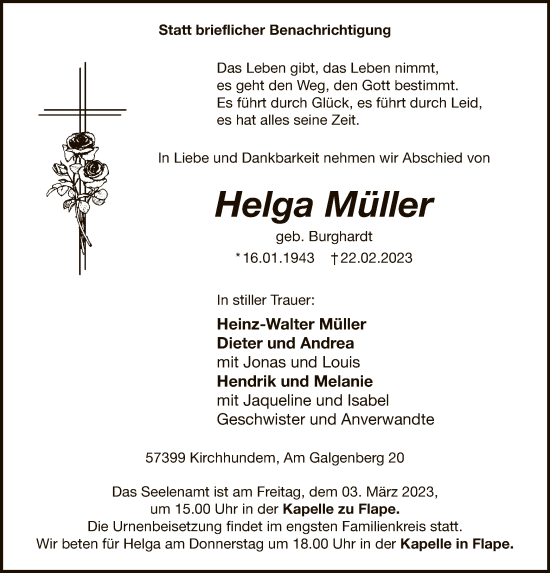 Traueranzeige von Helga Müller von WA
