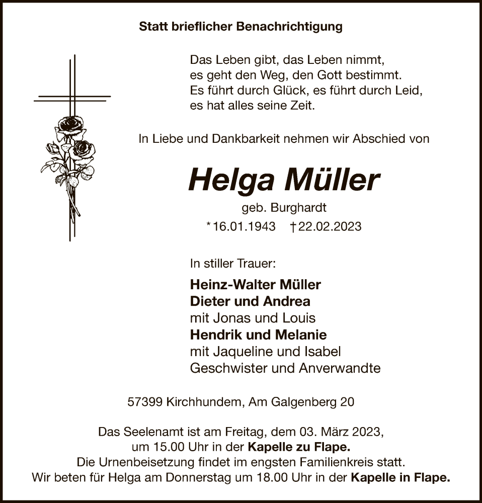  Traueranzeige für Helga Müller vom 25.02.2023 aus WA