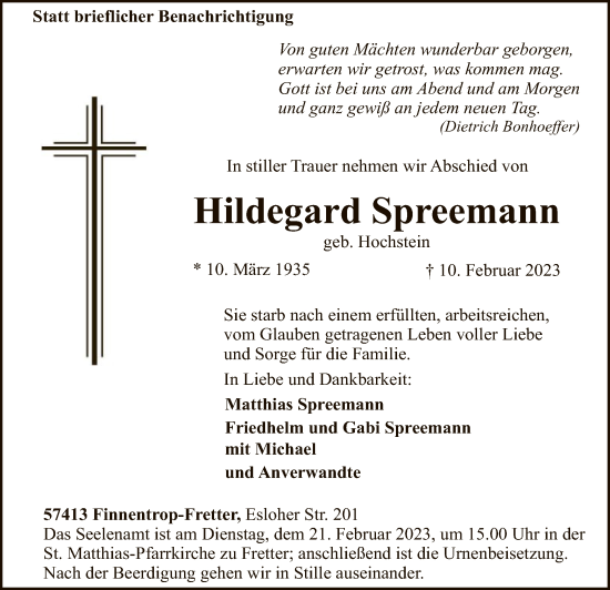 Traueranzeige von Hildegard Spreemann von WA