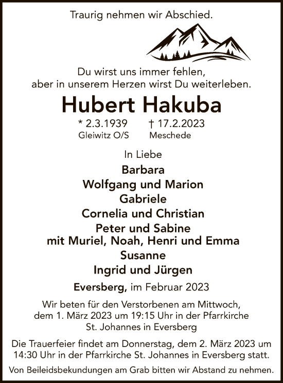 Traueranzeige von Hubert Hakuba von WA