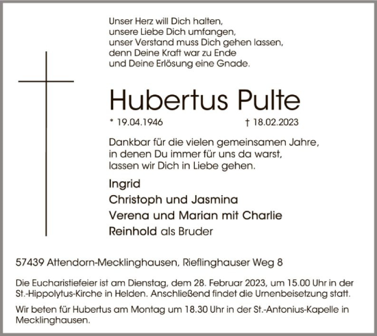 Traueranzeige von Hubertus Pulte von WA