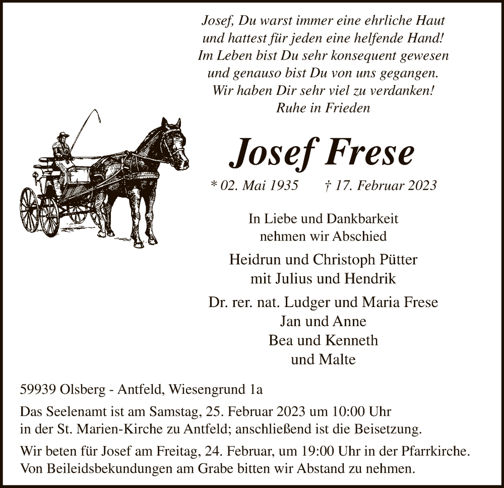  Traueranzeige für Josef Frese vom 25.02.2023 aus WA