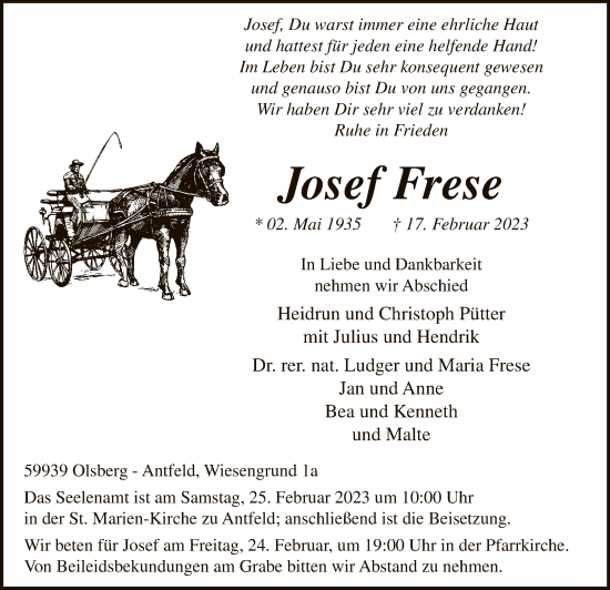 Traueranzeige von Josef Frese von WA