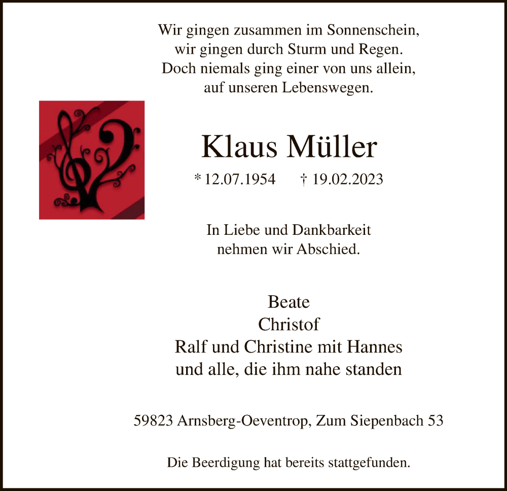  Traueranzeige für Klaus Müller vom 25.02.2023 aus WA