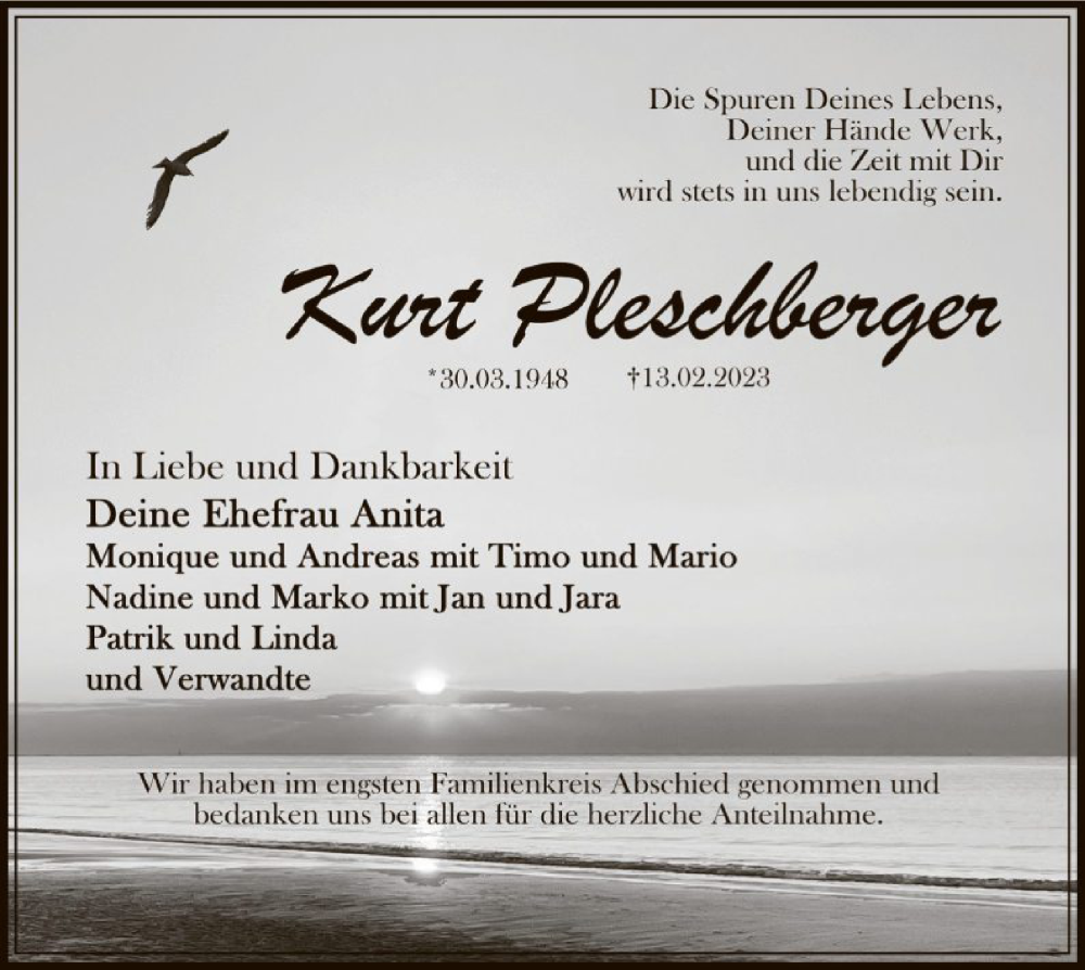  Traueranzeige für Kurt Pleschberger vom 25.02.2023 aus WA