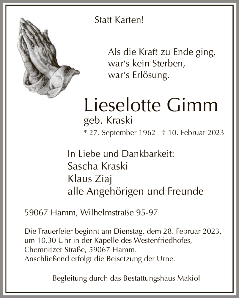  Traueranzeige für Lieselotte Gimm vom 18.02.2023 aus WA