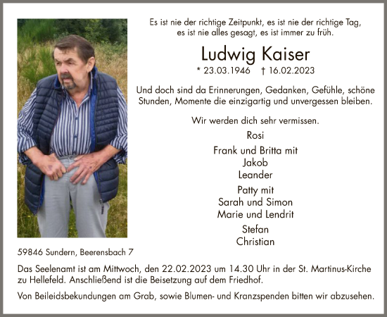 Traueranzeige von Ludwig Kaiser von WA