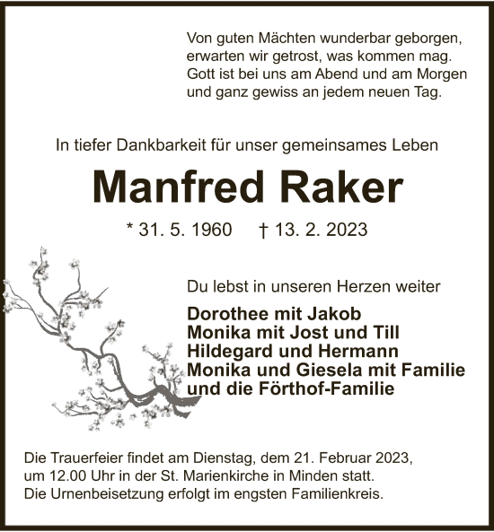 Traueranzeige von Manfred Raker von WA