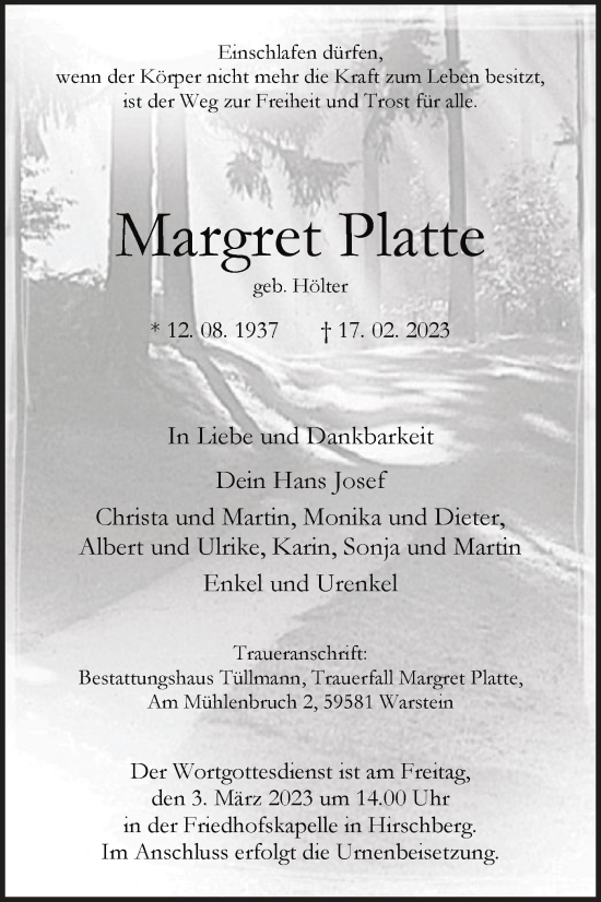 Traueranzeige von Margret Platte von WA