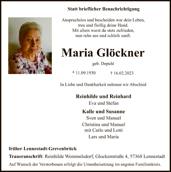 Traueranzeige von Maria Glöckner von WA